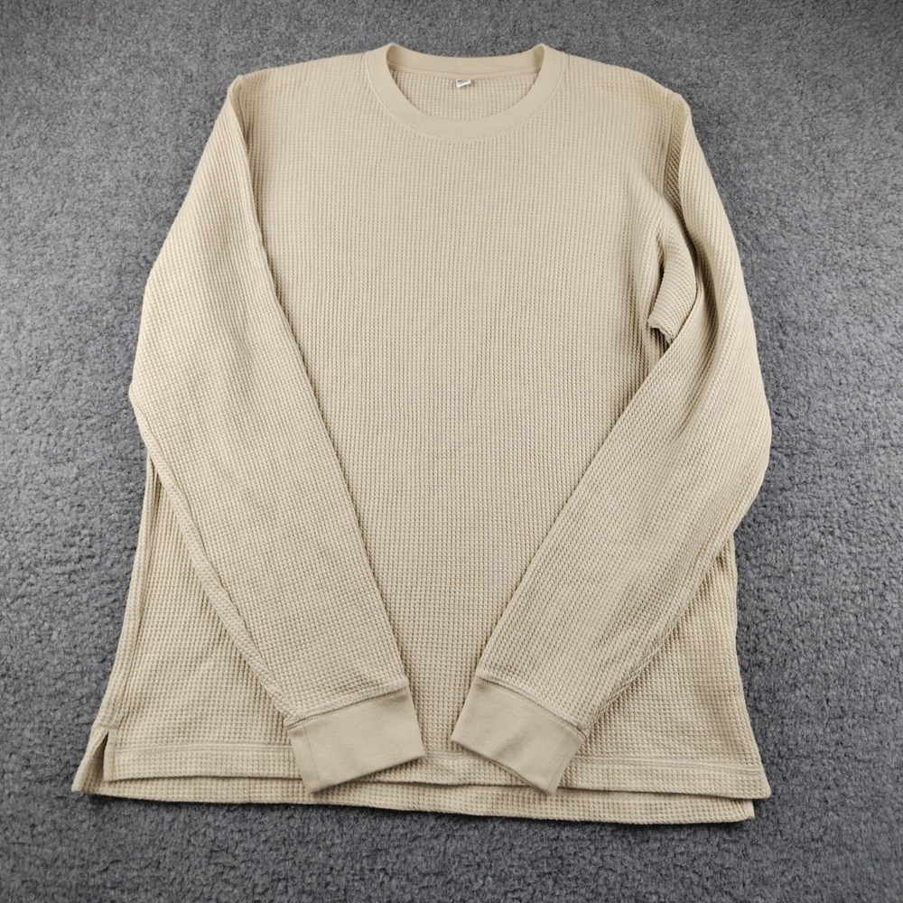 Uniqlo Waffle Knit Mens Large Crewneck Tan Thermal Shirt Minimalist EUC